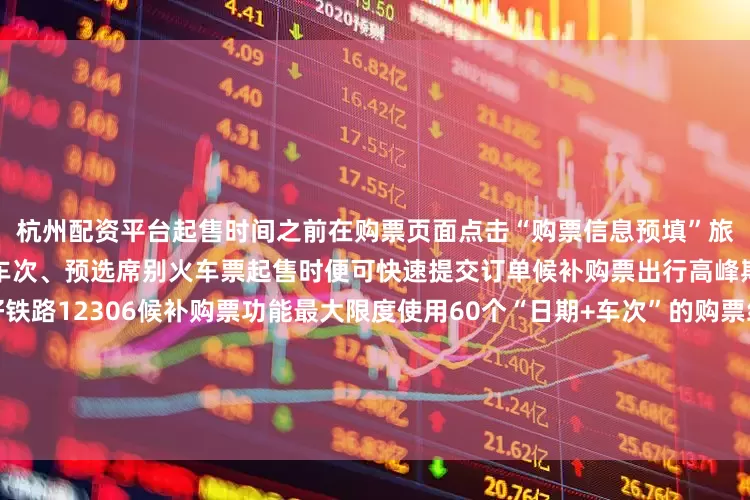 杭州配资平台起售时间之前在购票页面点击“购票信息预填”旅客即可提前选择乘车人、预选车次、预选席别火车票起售时便可快速提交订单候补购票出行高峰期旅客朋友们可以充分用好铁路12306候补购票功能最大限度使用60个“日期+车次”的购票组合选择的组合越多候补成功率更高制图：乔谦具体操作方法：打开铁路12306App在购票界面点击候补按照需求添加不同的车次和席别即可进行候补购票学生旅客可使用预约购票服务日前